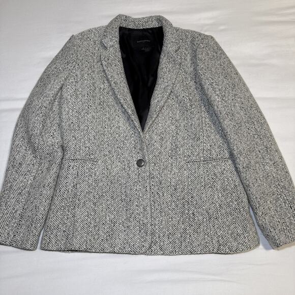 Banana Republic Tweed Blazer Coat White Black Herringbone Womens 14 One Button - Picture 1 of 15